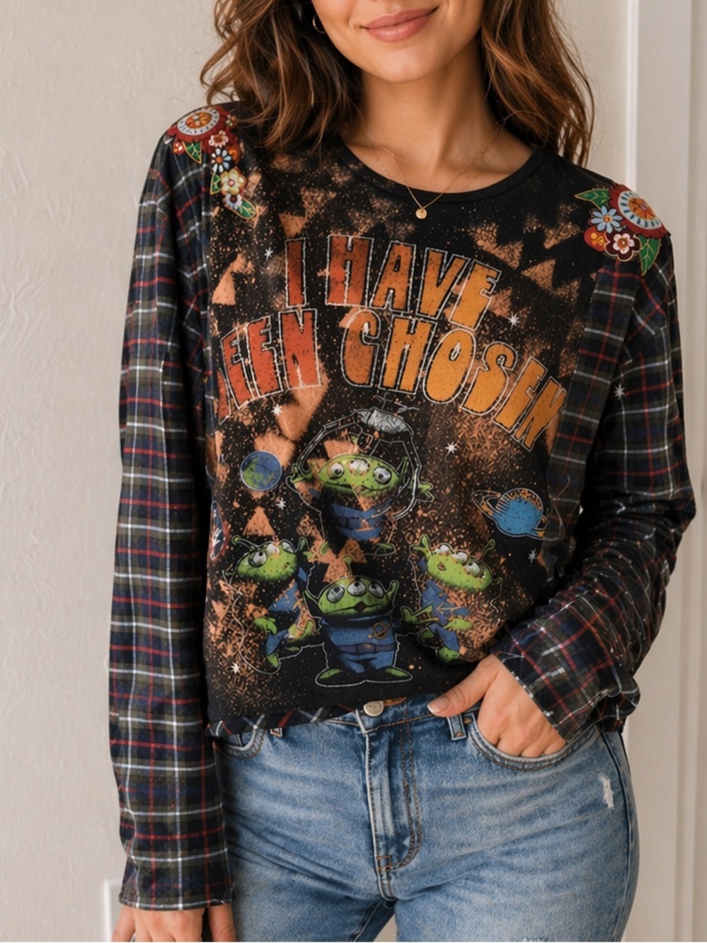Upcycled Toy Story Alien Graphic Shirt | Plaid Sleeve Top | Disney Inspired